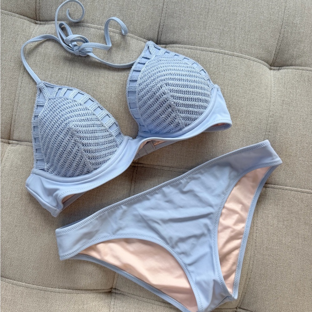 Shade and Shore Light Blue Crochet Triangle Bikini Set - Women Swim - 34C Small
